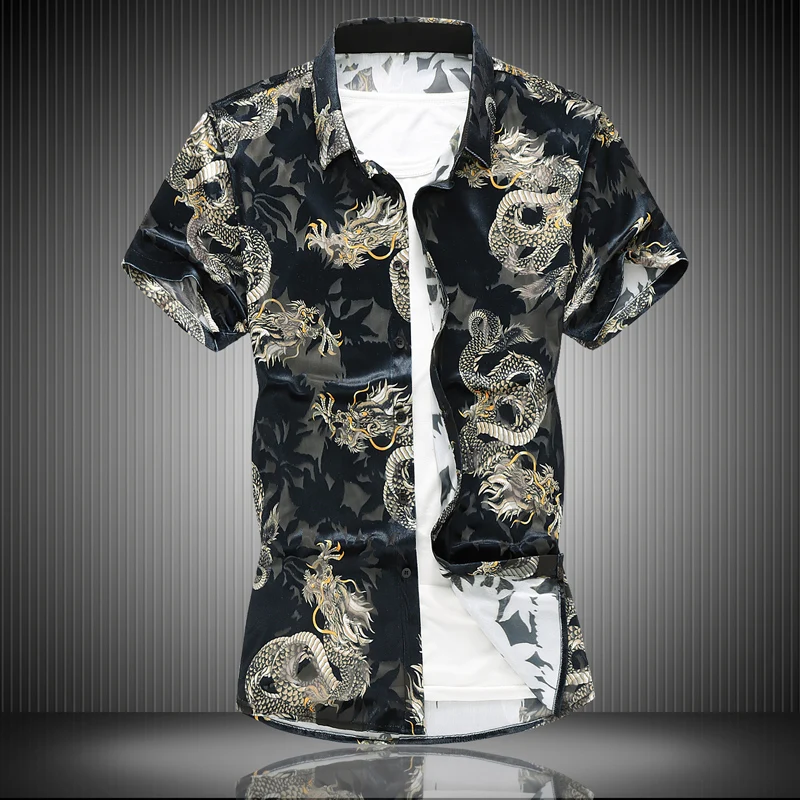Aukštos kokybės flanelė tuščiaviduriai Kinų drakonas Vyrų 2019 Mados atspausdinta marškinėliai Slim Havajų atostogų Šalis atsitiktinis marškinėliai Homme 7XL 0