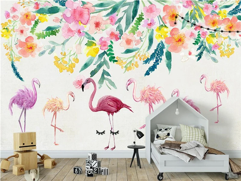 Gėlių Sienos Freskos Užsakymą Tapetai Rankomis Dažyti Flamingo Gėlės Foto Tapetai Įspaudų Siena Popieriaus Sienų Dangos, TV Kambarys 0
