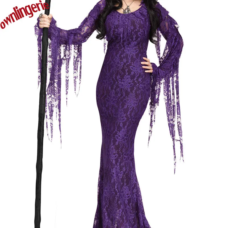Išgalvotas Maskuotis šalis velnias karvė cosplay suknelė Vampyro kostiumas Helovinas tarpkojo nėrinių ragana violetinis kostiumas su lankelis M,L,XL 0