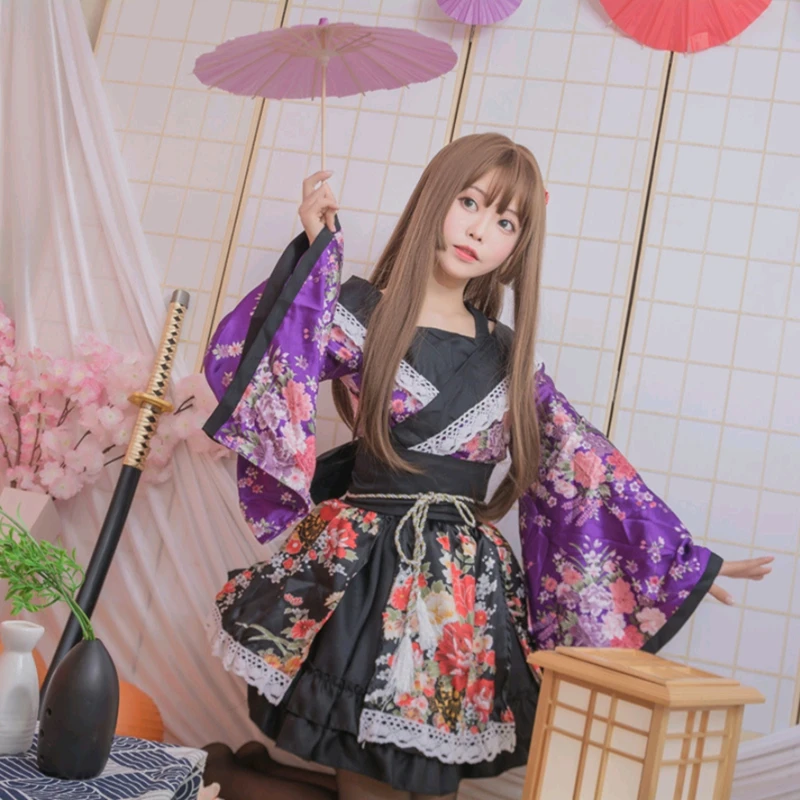 Japonijos seksualus cosplay spausdinti kostiumas šalis etape kimono cosplay tarnaitė kimono kostiumas 0
