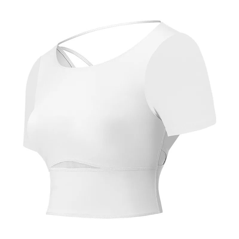 Trumpas Pasėlių Mygtuką Iki Trumpas Rankovės marškinėliai su Krūtinės Pagalvėlės Moterų Quick-dry Veikia Naudotis Drabužiai 0