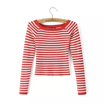 2019 m. pavasarį Off Peties Megzti marškinėliai Džemperis Moterims Juoda balta Dryžuotas pasėlių Viršuje raudona Atsitiktinis Ponios ilgomis Rankovėmis slim Viršūnės 2876