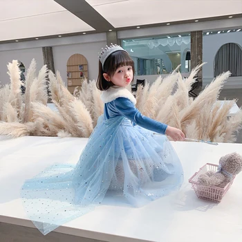 2020 M. Žiemos Ilgomis Rankovėmis Ju Siūlų Princesė Dress In Vėjo Mažas Kailio Apykakle Mergina Sijonas