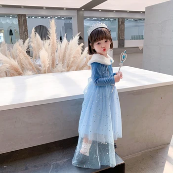 2020 M. Žiemos Ilgomis Rankovėmis Ju Siūlų Princesė Dress In Vėjo Mažas Kailio Apykakle Mergina Sijonas