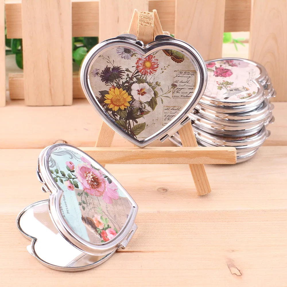 Europos stiliaus nerūdijančio plieno kišenėje makiažo veidrodėliai Dviejų pusių kosmetikos Veidrodį gėlių grožį, širdies formos veidrodis ping 1