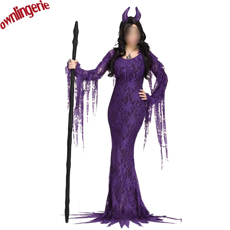 Išgalvotas Maskuotis šalis velnias karvė cosplay suknelė Vampyro kostiumas Helovinas tarpkojo nėrinių ragana violetinis kostiumas su lankelis M,L,XL 1