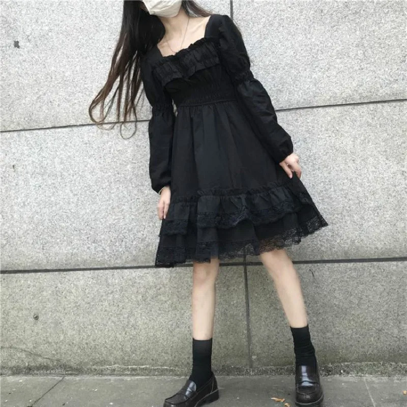 Japonijos Lolita Dress Moterų Viktorijos Gotika Aikštėje Apykaklės Raukiniai, Nėriniai Juoda Rudenį Merginų Punk Stiliaus Ilgomis Rankovėmis Mini Suknelės 1