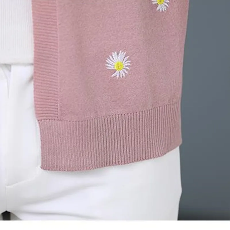 PEONFLY Naujų 2020 m. Pavasarį korėjos Stiliaus Megztinis Moterims Gėlių Siuvinėjimas Megztas Kailis Purus Atsitiktinis V-Kaklo Džemperis Rožinis Baltas 1