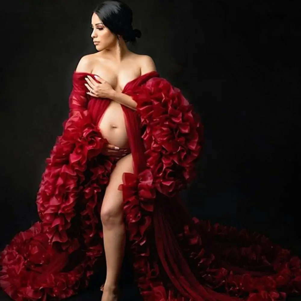 Tamsiai Raudona Motinystės Suknelės 2021 Plius Dydis Ruffles Pakopų Ilgomis Rankovėmis Įžymybė Šalies Sleepwear Photoshoot Chalatai 1
