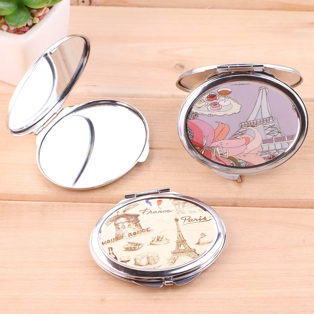 Europos stiliaus nerūdijančio plieno kišenėje makiažo veidrodėliai Dviejų pusių kosmetikos Veidrodį gėlių grožį, širdies formos veidrodis ping 2