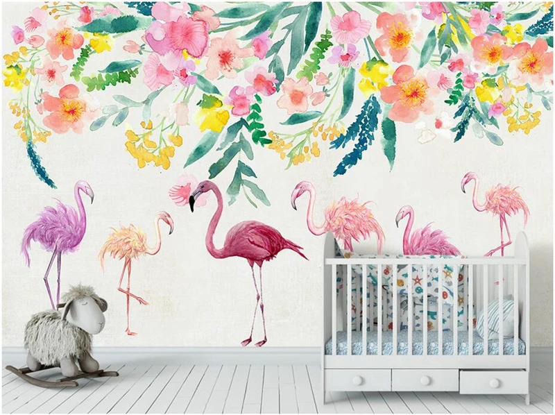 Gėlių Sienos Freskos Užsakymą Tapetai Rankomis Dažyti Flamingo Gėlės Foto Tapetai Įspaudų Siena Popieriaus Sienų Dangos, TV Kambarys 2