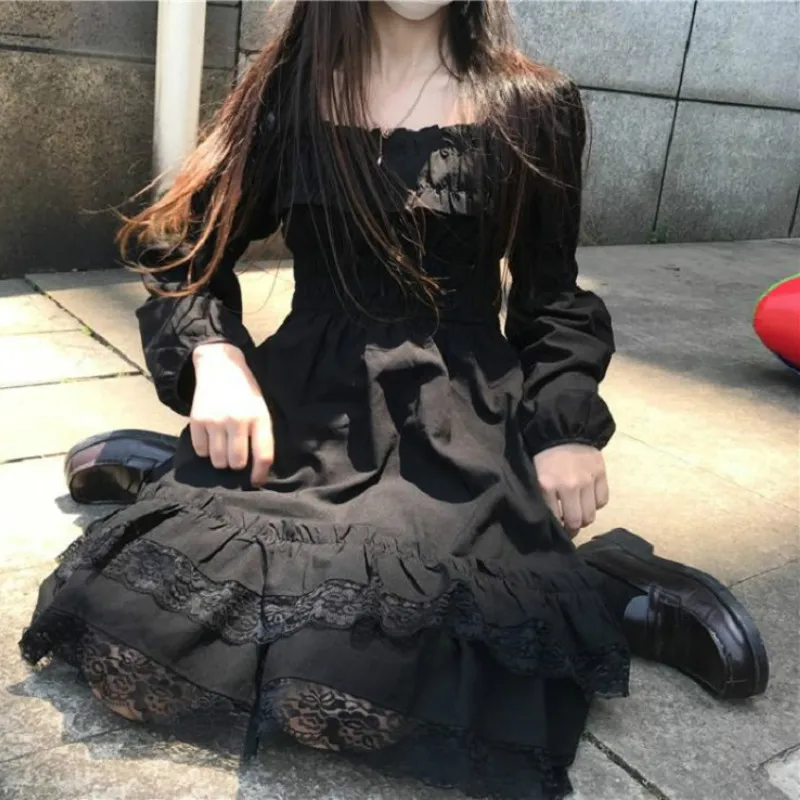 Japonijos Lolita Dress Moterų Viktorijos Gotika Aikštėje Apykaklės Raukiniai, Nėriniai Juoda Rudenį Merginų Punk Stiliaus Ilgomis Rankovėmis Mini Suknelės 2