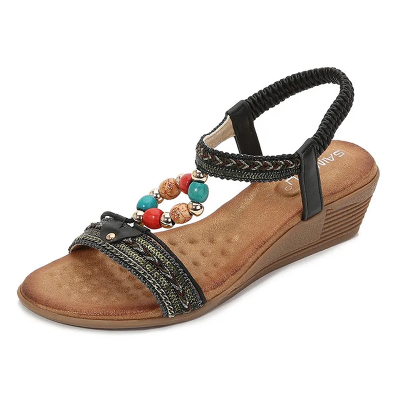 Moterys dydžio # 36-42 pleištai Romos sandalai mergaitėms sandalai peep-toe siuvimo, karoliukų, patogus masažas minkštas neslidus tpr padas 2