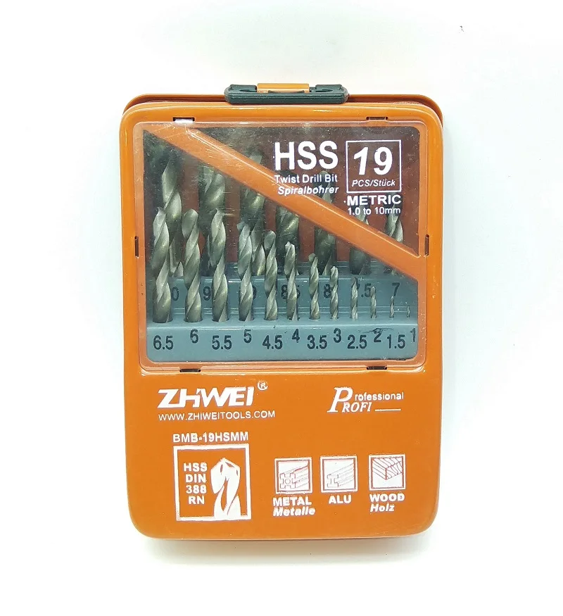 Naujas 19PCS HSS 1-10mm Twist Drill Bits Nustatyti Metalo Gręžimo su Geležies dėžutę 2