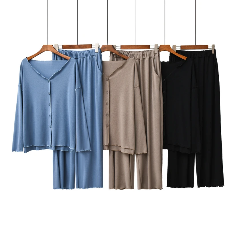 Pavasario Modalinio ir Medvilnės ilgomis Rankovėmis Slyvų dydžio Mozaikos Megztinis ilgomis rankovėmis Homewear Rinkiniai Sleepwear 2020 Naujas Pajama Moterų 2