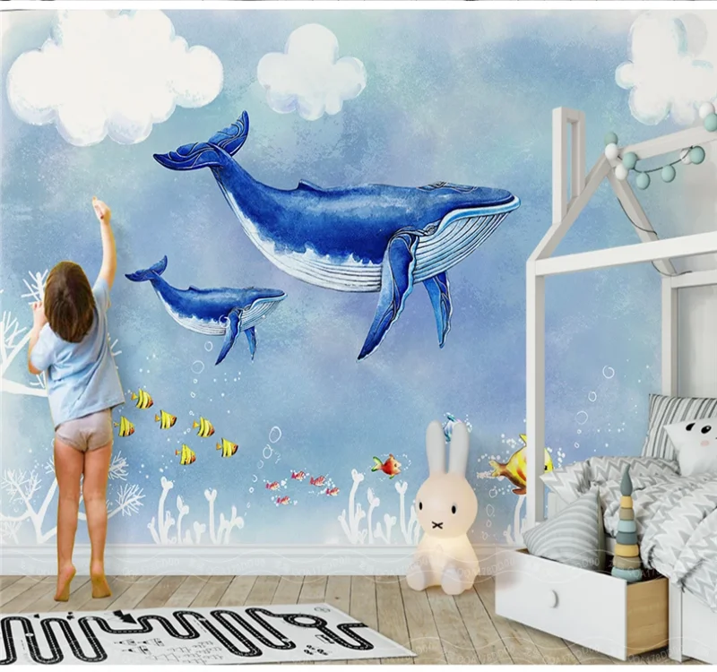 Pritaikytas didelių tapetai, 3D freskos ranka-dažytos animacinių filmų dugno dangaus banginis vaikų vidaus apdaila, wallcovering 2