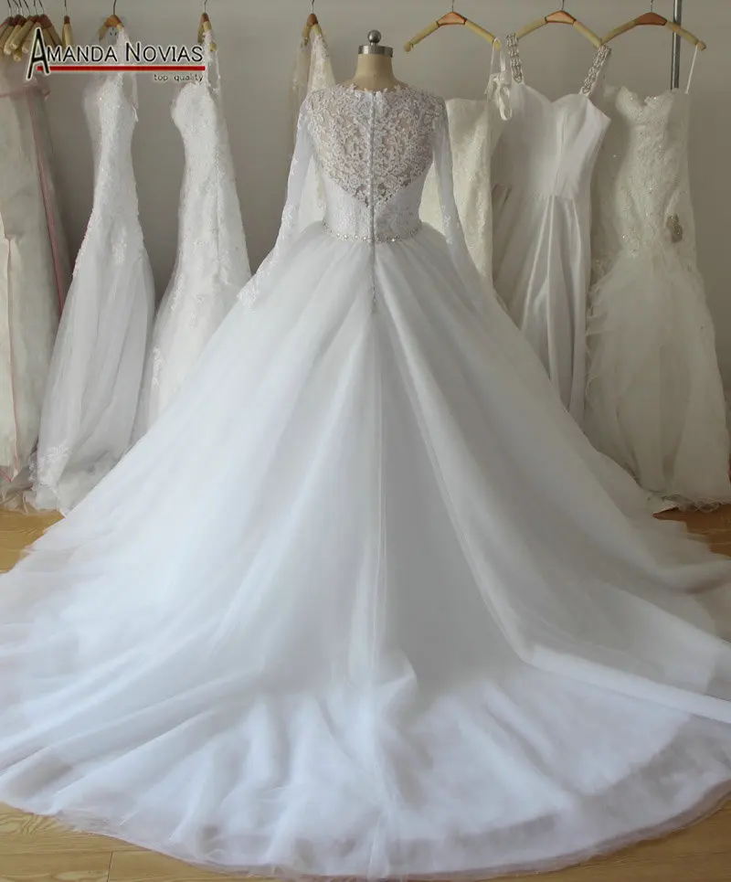Reljefiniai Sijonas Long Sleeve Lace Appliques Vestuvių Suknelės Su Crystal Diržas 2