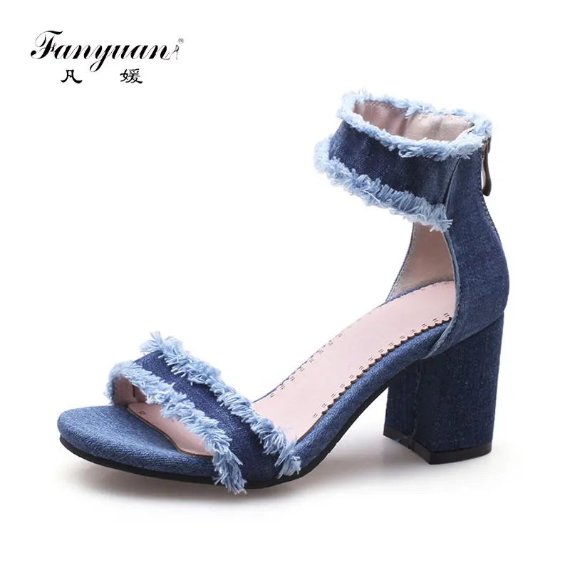 Fanyuan moterų sandalai džinsinio vasaros batai 7cm aukštakulnius sandalus kutas aukštos kokybės, storas kulniukai ponios avalynė Plius dydis 43 3