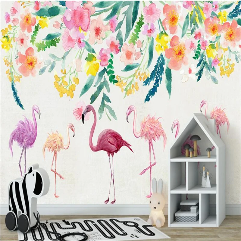 Gėlių Sienos Freskos Užsakymą Tapetai Rankomis Dažyti Flamingo Gėlės Foto Tapetai Įspaudų Siena Popieriaus Sienų Dangos, TV Kambarys 3