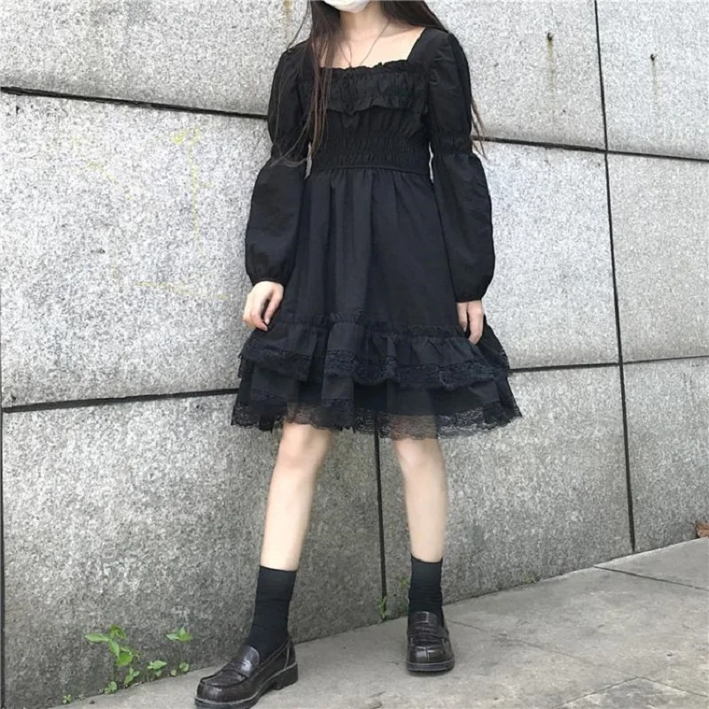 Japonijos Lolita Dress Moterų Viktorijos Gotika Aikštėje Apykaklės Raukiniai, Nėriniai Juoda Rudenį Merginų Punk Stiliaus Ilgomis Rankovėmis Mini Suknelės 3