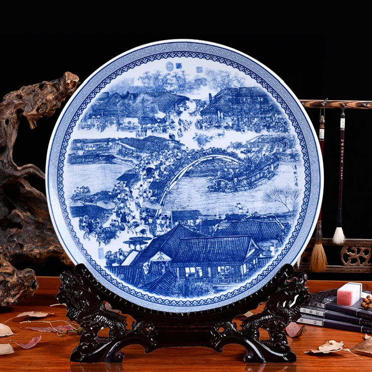 Jingdezhen Keramikos Mėlynos Ir Baltos Riverside nusikaltimo vietoje Qingming Festivalyje Big Kabinti Plokštė Porceliano Plokštelės Kambarį Apdaila 3