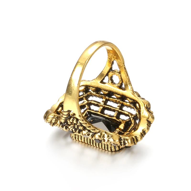 Kinel Didelis Juodas Akmens Žiedas, Moterų Derliaus Išvaizdą Antikvariniai Aukso Mados Kristalų Gėlių Nuotaka Vestuvių Žiedai Etninės Boho Papuošalai 3