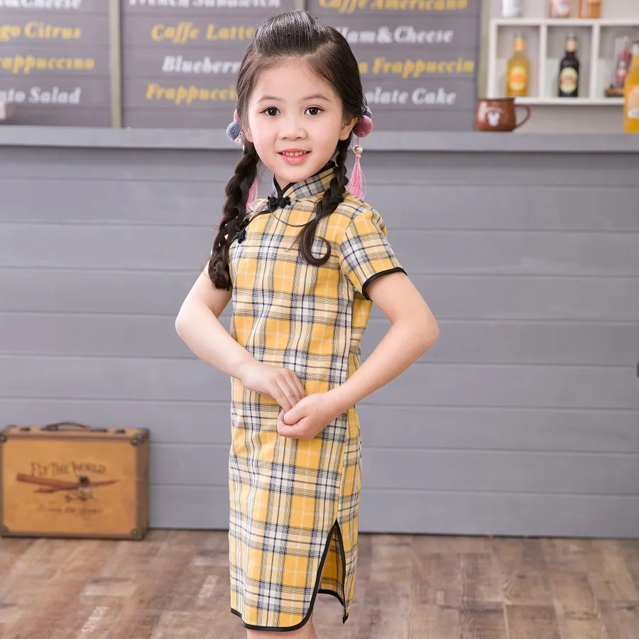 Kinų Stiliaus Kūdikių Mergaitės Pledas Derliaus Cheongsam Vaikai Medvilnės Trumpomis Rankovėmis Suknelės, Šaliai Kostiumas Vaikams Drabužių 3