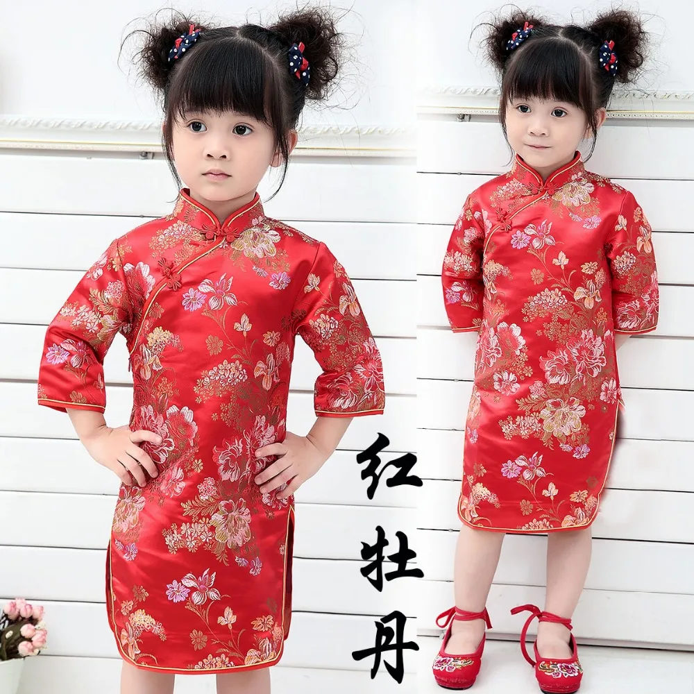 Tango kostiumas cheongsam mergaičių suknelė 2-12 metų amžiaus kūdikių drabužiai, suknelės vaikams iki 2018 m. vasaros klasikinio stiliaus princesė medvilnės pigūs naujas 3