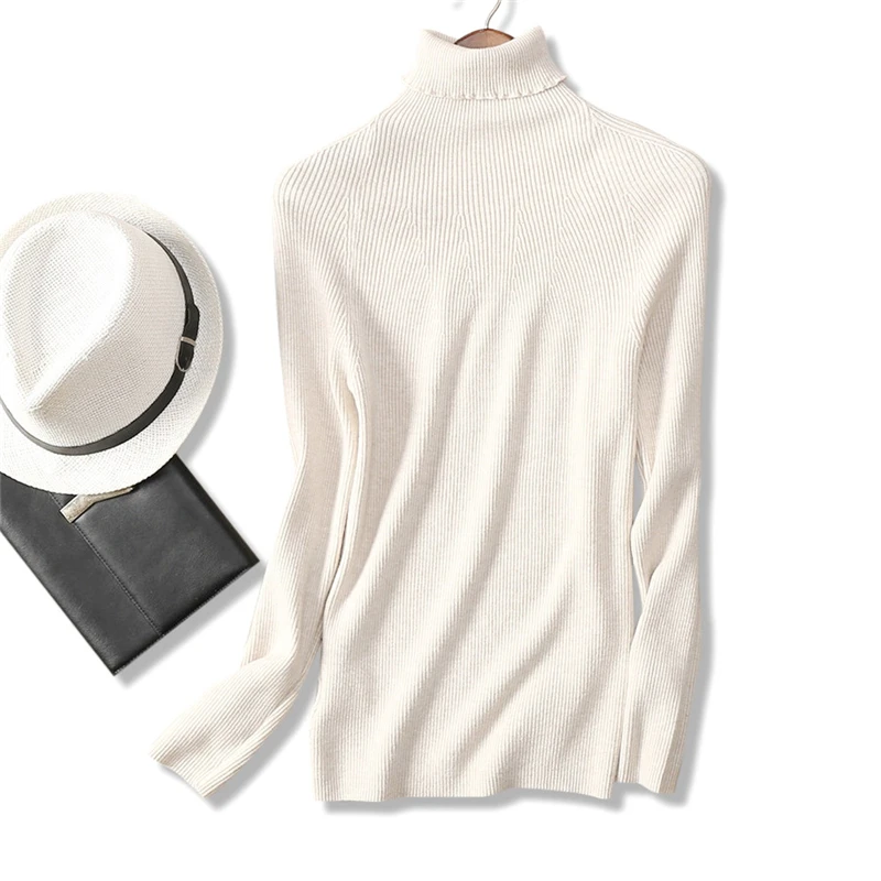 Ypatingų kašmyro vilnos, medvilnės mišinys moterų pagrindinis megztinis megztinis aukštos apykaklės smėlio spalvos balta 6colors vieną&daugiau dydis 3