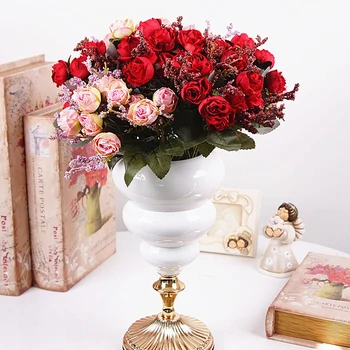 5 Šakėmis 15 Galvą Dirbtinių Rožių Žiedai, Vestuvių Grupė Gėlių Namų Stalo Vaza Apdaila 