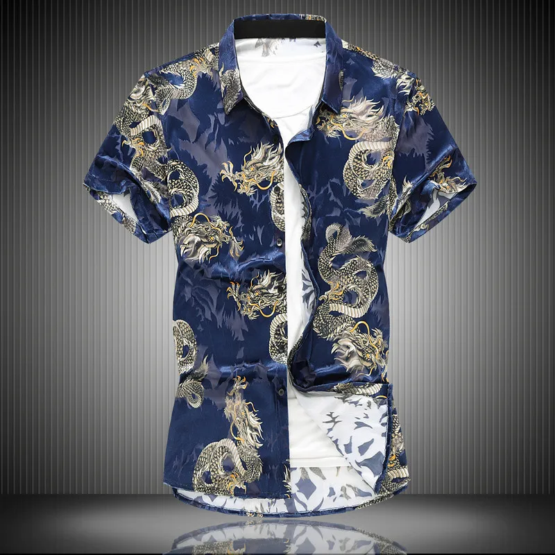 Aukštos kokybės flanelė tuščiaviduriai Kinų drakonas Vyrų 2019 Mados atspausdinta marškinėliai Slim Havajų atostogų Šalis atsitiktinis marškinėliai Homme 7XL 4