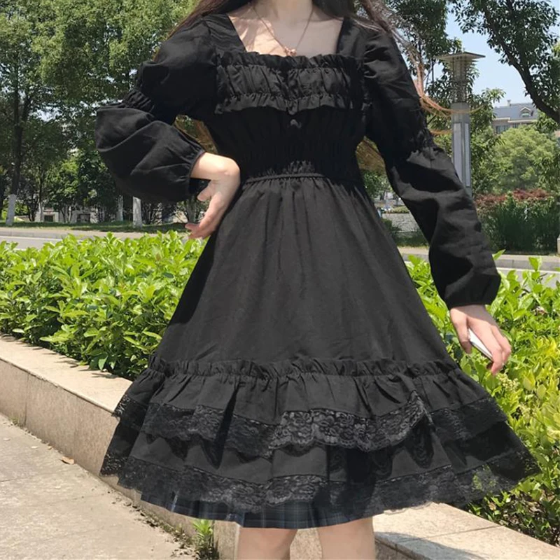 Japonijos Lolita Dress Moterų Viktorijos Gotika Aikštėje Apykaklės Raukiniai, Nėriniai Juoda Rudenį Merginų Punk Stiliaus Ilgomis Rankovėmis Mini Suknelės 4