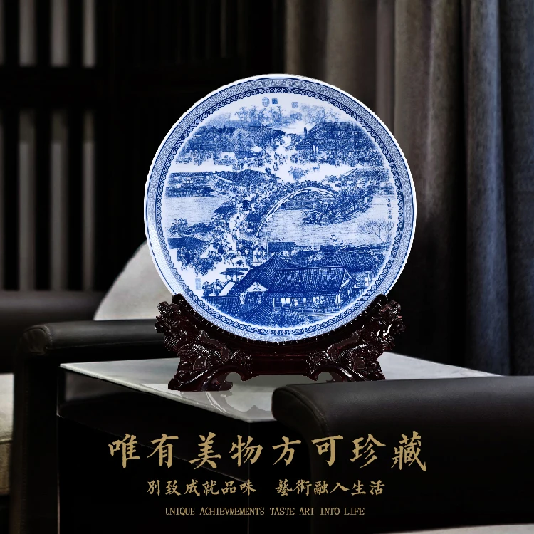 Jingdezhen Keramikos Mėlynos Ir Baltos Riverside nusikaltimo vietoje Qingming Festivalyje Big Kabinti Plokštė Porceliano Plokštelės Kambarį Apdaila 4