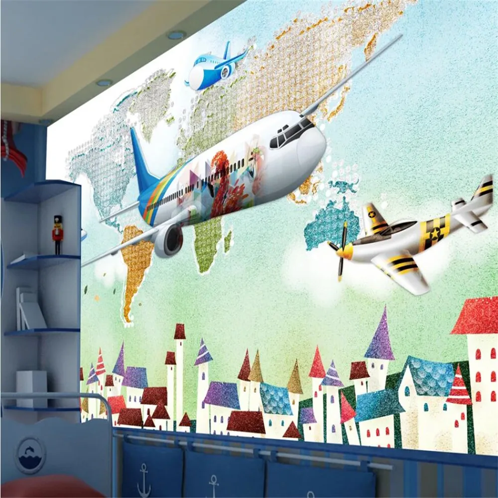 Milofi užsakymą 3D tapetai, freskos rankomis tapybos, akvarelės lėktuvo vaikus Šiaurės stilių, sienų apdaila dažymas tapetų 4