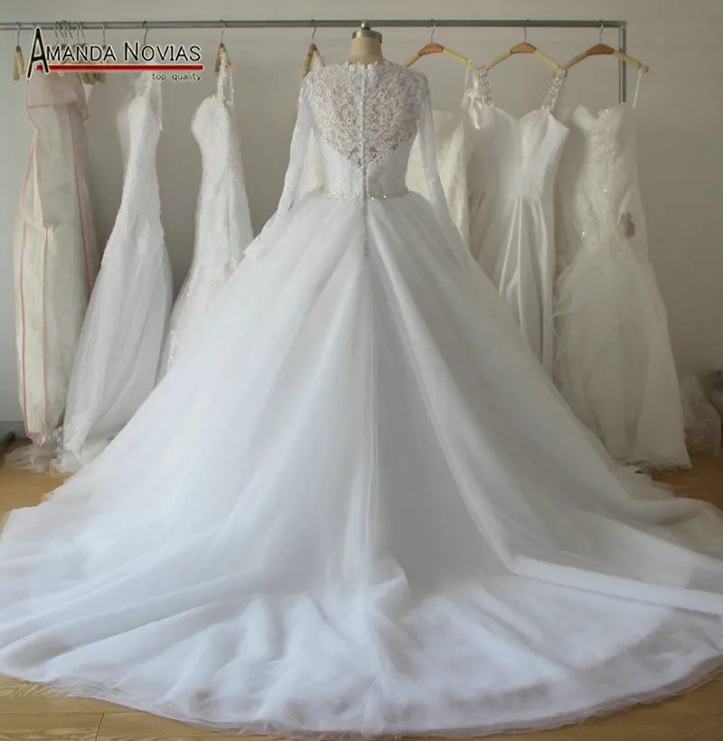 Reljefiniai Sijonas Long Sleeve Lace Appliques Vestuvių Suknelės Su Crystal Diržas 4
