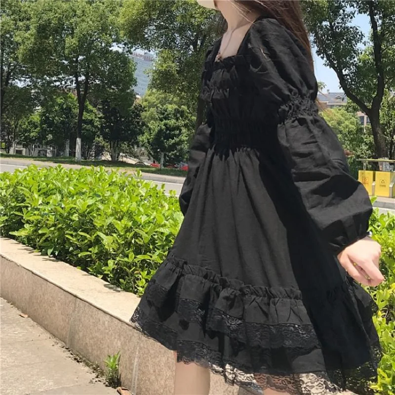 Japonijos Lolita Dress Moterų Viktorijos Gotika Aikštėje Apykaklės Raukiniai, Nėriniai Juoda Rudenį Merginų Punk Stiliaus Ilgomis Rankovėmis Mini Suknelės 5