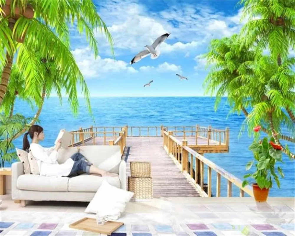 Namų Dekoro 3d Tapetai Kokoso Žuvėdra Viduržemio Jūros Gražus Gyvenamasis Kambarys, Miegamasis Žalia Šilko Tapetai 5