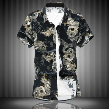 Aukštos kokybės flanelė tuščiaviduriai Kinų drakonas Vyrų 2019 Mados atspausdinta marškinėliai Slim Havajų atostogų Šalis atsitiktinis marškinėliai Homme 7XL 557