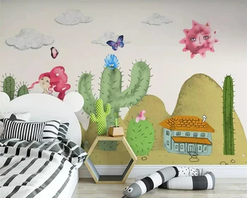 Beibehang Užsakymą tapetai Šiaurės animacinių filmų ranka-dažytos kaktusas augalų tapetai, vaikų kambarys fono sienos freskos 3d tapetai 15144