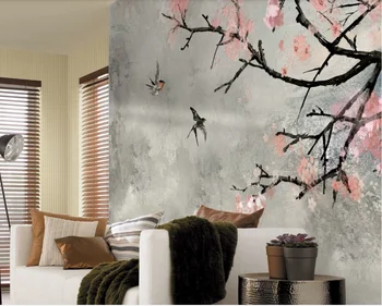 Custom foto tapetai, freskos Šiaurės aliejaus tapybai cherry blossom naujas Kinų stiliaus ranka-dažytos gėlės ir paukščiai fono sienos 20789