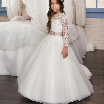 Elegantiškas Gėlių mergaičių Suknelės Mergaitėms Vestuvių Tiulio Nėrinių Aplikacijos ilgomis rankovėmis Princesė Vaikai Inscenizacija Šalies Šventosios Komunijos Suknelės 761