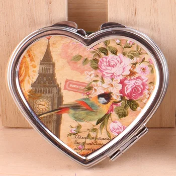 Europos stiliaus nerūdijančio plieno kišenėje makiažo veidrodėliai Dviejų pusių kosmetikos Veidrodį gėlių grožį, širdies formos veidrodis ping