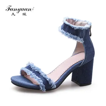 Fanyuan moterų sandalai džinsinio vasaros batai 7cm aukštakulnius sandalus kutas aukštos kokybės, storas kulniukai ponios avalynė Plius dydis 43