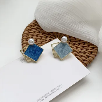 Geometrijos asimetrinė kontrasto spalvų Stud auskarai kvadratinių mergina perlo auskaru moterų Mados Papuošalai puošia straipsnis 2842