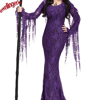 Išgalvotas Maskuotis šalis velnias karvė cosplay suknelė Vampyro kostiumas Helovinas tarpkojo nėrinių ragana violetinis kostiumas su lankelis M,L,XL 204395