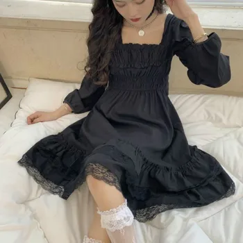 Japonijos Lolita Dress Moterų Viktorijos Gotika Aikštėje Apykaklės Raukiniai, Nėriniai Juoda Rudenį Merginų Punk Stiliaus Ilgomis Rankovėmis Mini Suknelės 3584