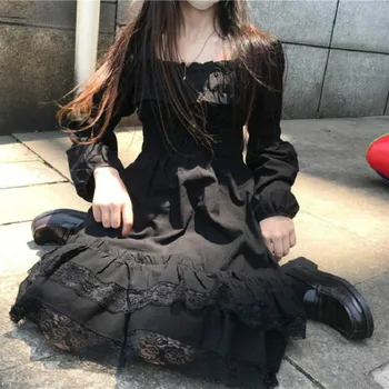Japonijos Lolita Dress Moterų Viktorijos Gotika Aikštėje Apykaklės Raukiniai, Nėriniai Juoda Rudenį Merginų Punk Stiliaus Ilgomis Rankovėmis Mini Suknelės
