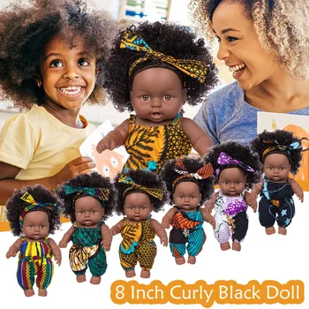 Juodosios Afrikos Juodosios Lėlės Tikroviška Sprogimo Galvos Nešioti Skarą Kūdikių Mielas, Garbanotas Juodas 8-colių Atgimsta Drabužius Vinilo vaikų Žaislų 11616