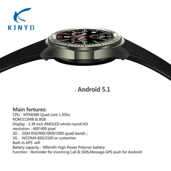 Kinyo Andriod Smartwatch MTK6580 Su GPS SIM Kortelės 3G WI-fi