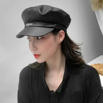 Mados Kepurės Moterims Karinės Skrybėlę Pu vyriškos Juodos Odos Skrybėlę Flat Top Hat Karinio Stiliaus Moteris Beretė Festivalis Hoed Armijos Bžūp